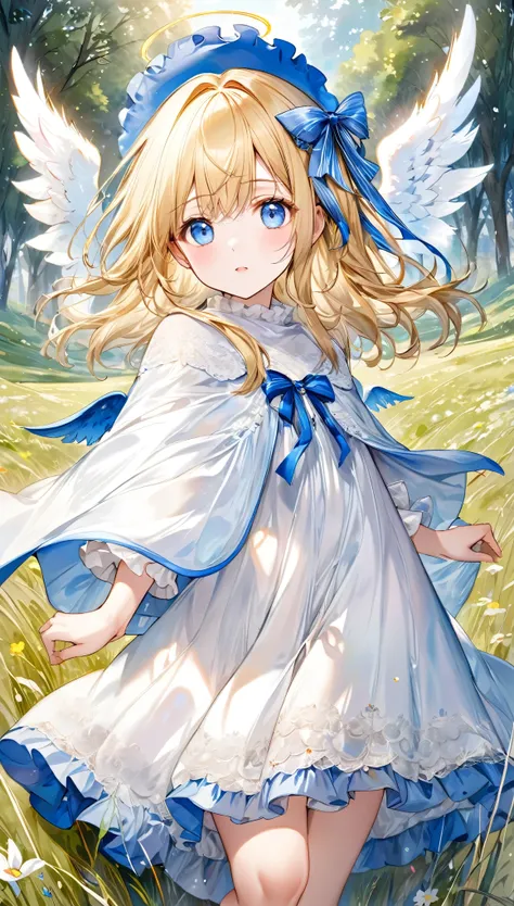 fusion of oil painting and watercolor painting, best quality, super fine, 16k, incredibly absurdres, extremely detailed, delicate and dynamic, cute woman, baby face, blonde straight hair, ahoge, angel wings, poncho-like dress with frills and lace that goes...