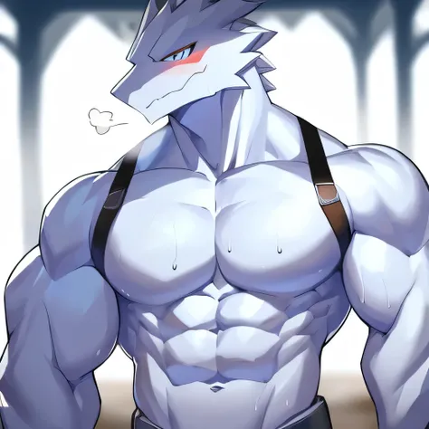 Thin macho　white dragon　　abs　　　　Hollow abs　　　thick arms　　　chest rig　　　、sweaty　　　skin glow　　profile　　Wearily　short of breath　　clenching one&#39;s back teeth　　Knees on the floor　　rubber suit