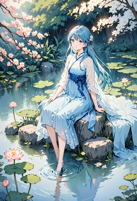 There is a blue skirt, 16 Long Legs, A woman sitting on a rock in the water, Standing gracefully on the lotus, Ethereal Beauty, Wearing blue cheongsam, court, Girl wearing Hanfu, Wearing blue cheongsam, Full of fairy atmosphere, In the pond, White Hanfu, A...