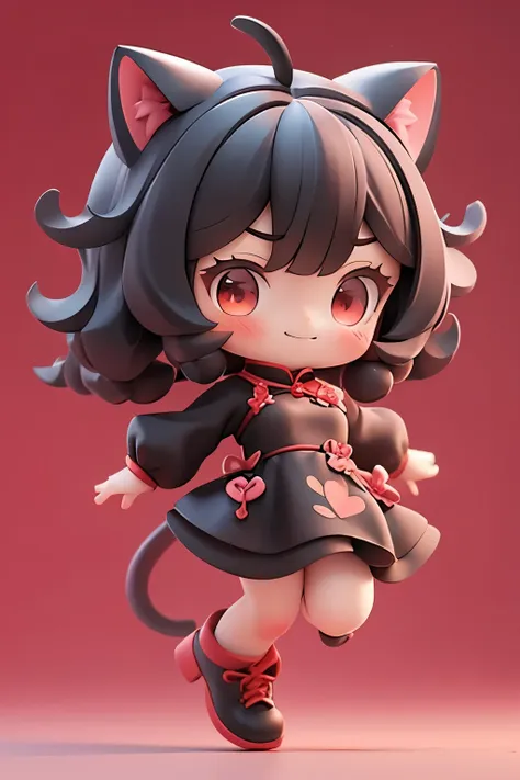 matte blind box，(red cheongsam)，simple background，best quality,cat ears,happy expression,jump up