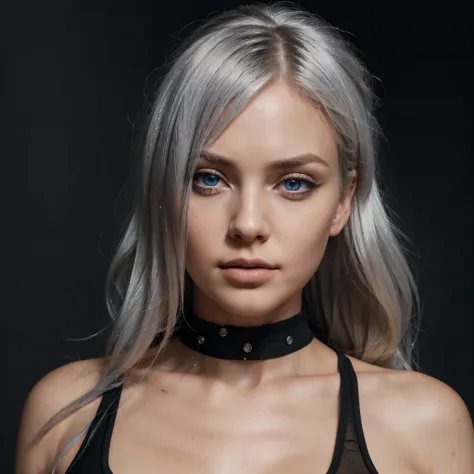 a 25 year old girl, medium to large breasts, wide hips, platinum hair, blue eyes, wearing a black top, headshot, beautiful detai...