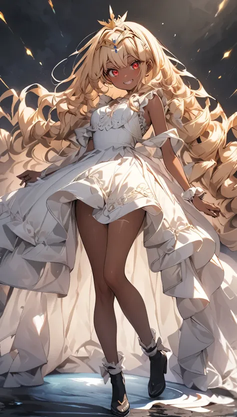 masterpiece, best quality, extremely detailed, high resolution, Japanese anime,1girl, (dark skin:1.2), gold hair, (medium length hair:1.4), curly hair, wavy hair, drill hair, (eye lashes:1.3), (eye shadow:1.3), (red eyes:1.5), (beautiful detailed eyes:1.4)...