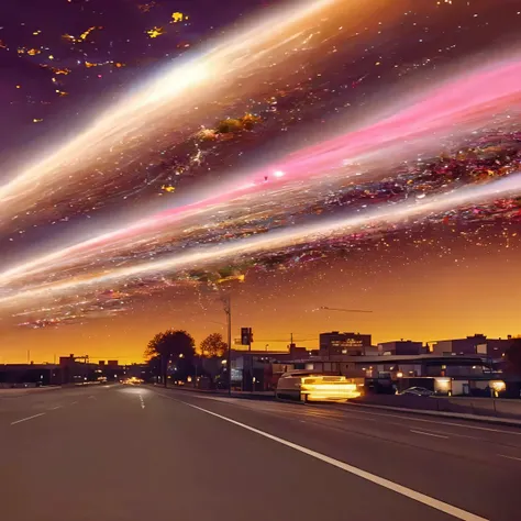 Street image with cars and street lights, recusion Bipple, author：Kurt Roesch, A starlit city at sunset, Bipple. hyperrealism, beautiful cosmic neural network, Golden meteor, by Anson Maddox, Utopian galaxies, planets colliding, the most beautiful image ev...