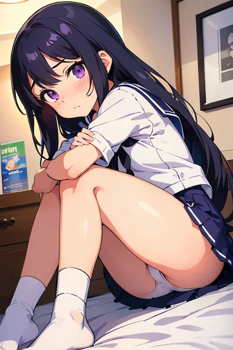 Elementary school girl, 8 years old, flat chest, black hair, long hair, purple eyes, embarrassed expression （one person） White sailor suit on the upper body, navy blue miniskirt on the lower body, white panties（（I can see her panties）） White socks Love hot...