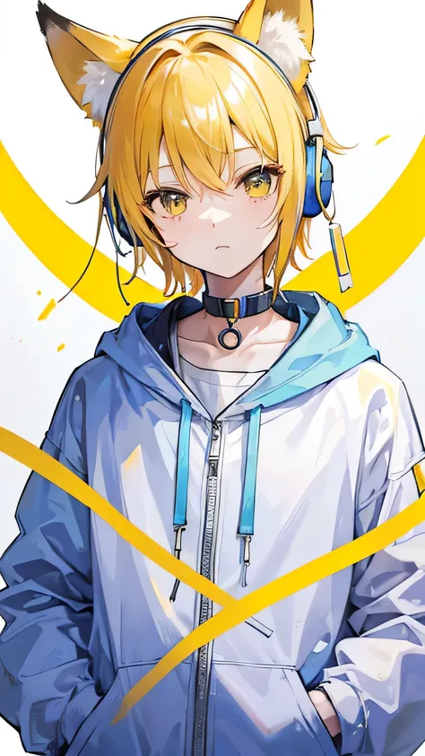 Light yellow hair，Upper Body，boy，Fox ears，White hoodie，light blue，blue，yellow，Wearing headphones around your neck，One hand in pocket，