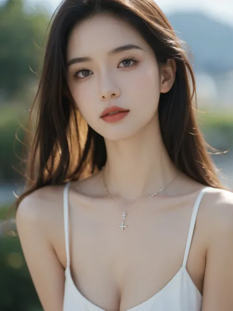 Film portrait photography, 2 girls, Bare shoulders,Lipstick，（flat chest：1.4）， Wear a necklace，Cute expression,Exquisite makeup，Red suspenders，serene, calm, (Realistic and detailed eyes, Natural skin texture, Realistic facial details), Big breasts：1.6，Big B...