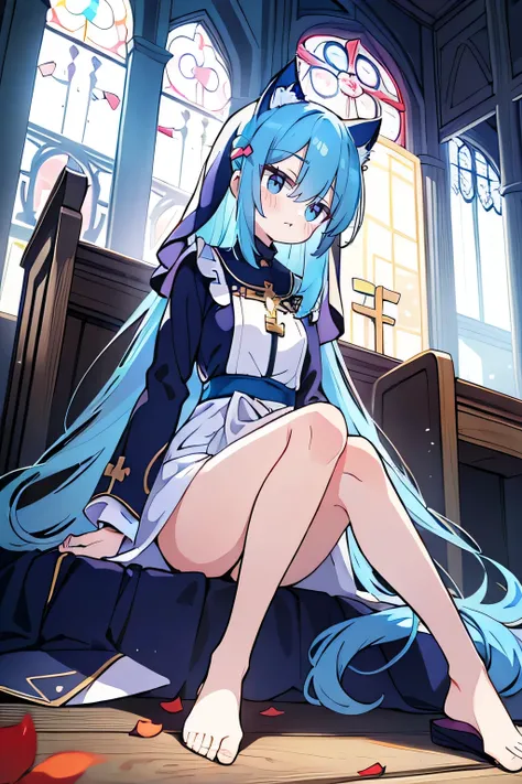 (masterpiece:1.2),Extremely detailed,Practical,expressive eyes,Fair skin,Perfect face shaping,1 Girl,
Japanese cartoons,Gorgeous blue hair, the long flowing blue hair,Floating clothes,Cat ears,Petals fall,beautiful lola,Young Angel,
Place your hands on you...