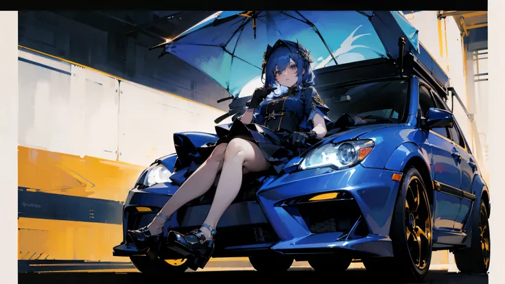 ((best quality)), Jewelry Packaging)),((1 Obese girl))，car，Cross your legs，Dark blue hair，在car里，inside a car，Platform shoes，((Gloves))，（Nikolai Fehin），( Fisher, )，背景是car内