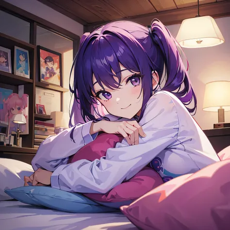 (T Masterpiece，4K wallpaper，Best Quality))、((girl１people))、(solo)、Bright and Brilliant，(Purple Hair)、(Shortcuts:1.3)、smile、Bedroom、pajamas、night