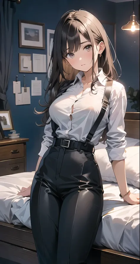 
Brown Hair、Staring at the audience　　　Black suspenders　　　bulging big breasts　　 　 　　　wall: 　Black trousers　　　　　sight　　　Small face　 　　　holster　　　Beautiful woman　　Show your hand　　 Lying in bed　　sight 　　Taunt　side　side汗 　arm　Dress shirt　suit　belt