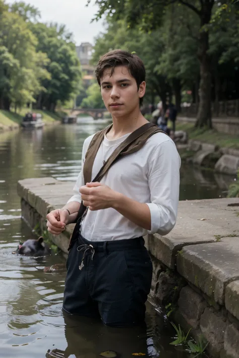 ((best quality)), ((masterpiece)), (detailed), young boy with sling and harp near the sheep drinking water along riverbanks
