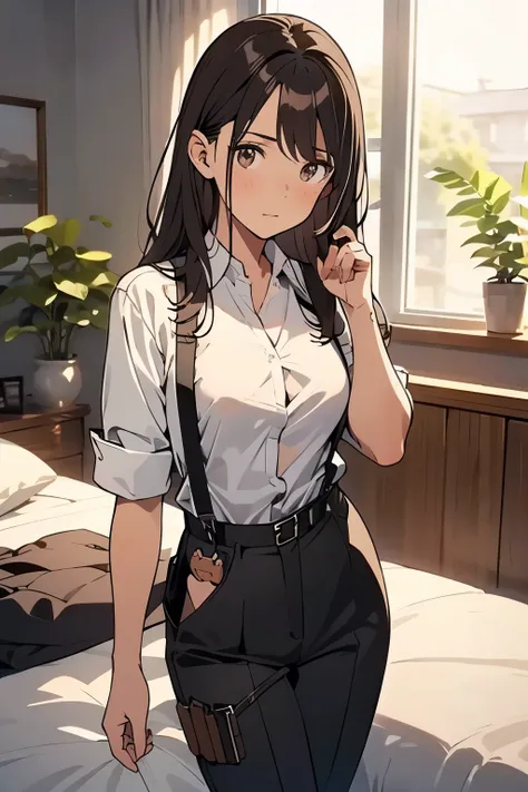 
Brown Hair、Staring at the audience　　　Black suspenders　　　bulging big breasts　　 　 　　　wall: 　Black trousers　　　　　sight　　　Small face　 　　　holster　　　Beautiful woman　　Show your hand　　 Lying in bed　　sight 　　Taunt　side　side汗 　arm　Dress shirt　suit　belt