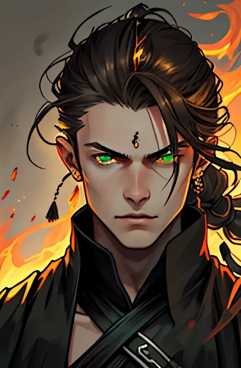 Twenty year old guy, brown long hair, hair pulled back, green eyes, looking into the camera, Beautiful face, correct anatomy, Dynamic portrait, fire mage, Black clothes, black robe