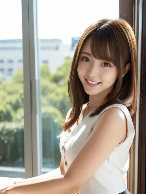 A beautiful Japanese shy girl, age 18 years old, short brown hair, brown big eyes, shiny lip, shiny hair, ecstatic expression, wearing sleeveless front button white blouse with brown plated mini skirt, The background is very blurry, wearing high heels, A p...