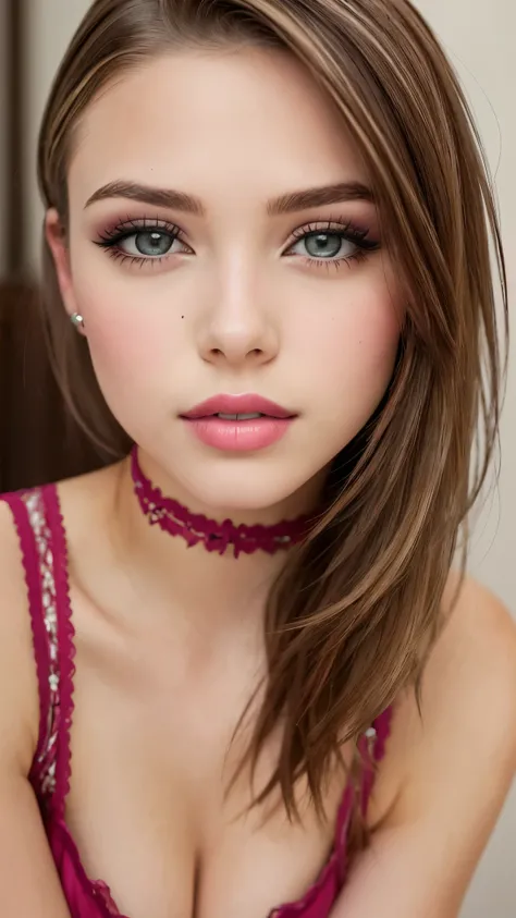 beautiful girl, brown eyes, beautiful 18 year old girl, Brown highlights hair, undercut pixie hair, short hair, lips, realistic, narrow waist, charming, pink lipstick, colorful makeup, long eyelashes, fair skin, (cute), (detailed face), detailed eyes, deta...