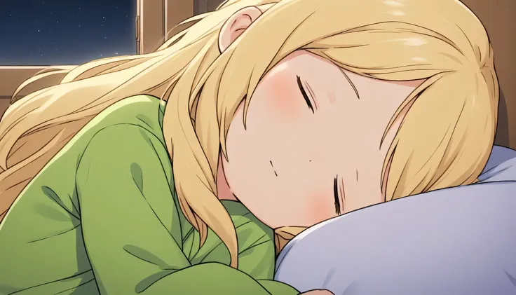 Close-up on a blonde long haired little girls, sleeping, ((Sleeping)), bed, night, By the window, Closed eyes, Sleepingface, in bedroom, wearing green pajamas, snoring