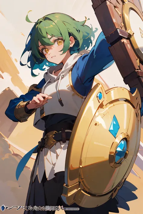 ((highest quality)), ((masterpiece)), ２D Anime Illustration、Yellow-green hair、Medium style hair、Golden Eyes、Wields a great diamond shield、Leather equipment、hoodie、skirt、Girl、Cute face、Never give up、Young face、Hold a shield with both hands、Intelligent