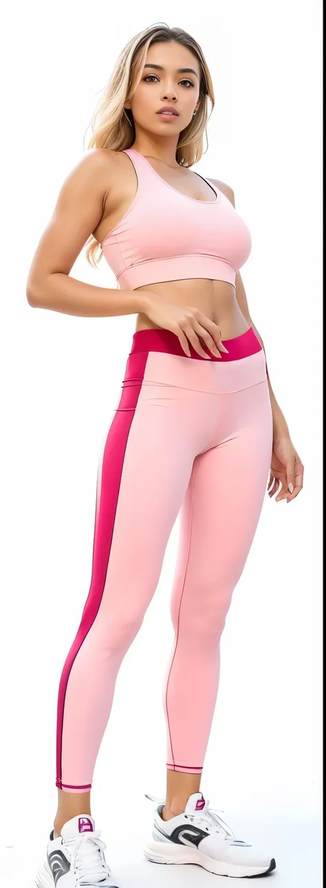 a woman in pink sports bra and leggings posing for the camera, estilo de cor rosa e vermelho, foto detalhada, esquema de cores rosa e vermelho, corpo de chiclete, cropped vermelho yoga curto, Imagem detalhada, two piece workout clothes, cores rosa e vermel...