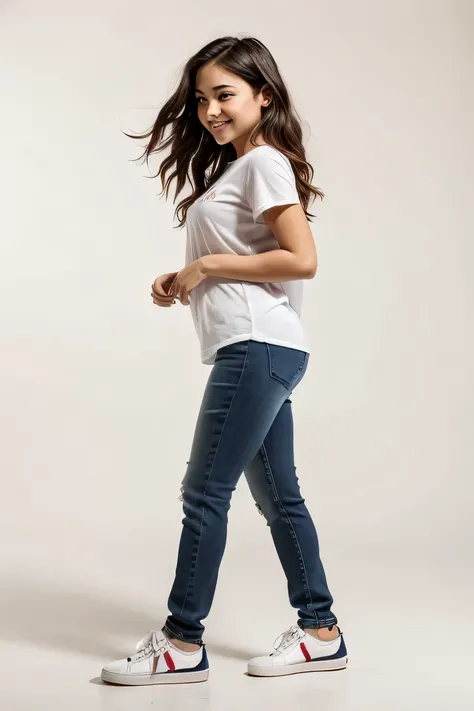 Wearing jeans、Holding a skateboard、Congressman walking on a white background, (1５Year old girl：1.66) ，（Black Hair，（Flat Chest：1.37），（smile：1.37）, （White sneakers）Profile portrait of a girl walking, Full body cute young woman, Side view of her taking a step...