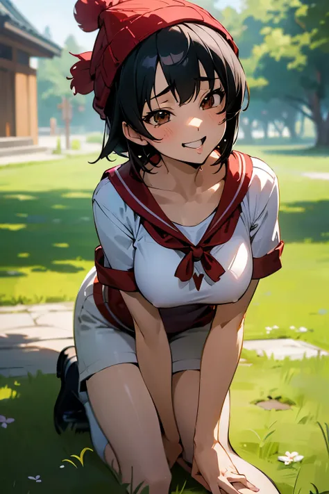 Best Quality, masutepiece, 1girl in, (Solo:1.1), Ray tracing, ultra-detailliert,Detailed face, 8K Wallpaper, wide hips, Smile, Fuuko Izumo NDV, 1girl in, Black hair, Brown eyes, Large breasts, Short hair, Red Beanie, White T-shirt, shortpants, plein air,ah...