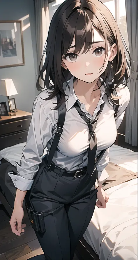 
Brown Hair、Staring at the audience　　　Black suspenders　　　bulging big breasts　　 　 　　　wall: 　Black trousers　　　　　sight　　　Small face　 　　　holster　　　Beautiful woman　　Show your hand　　 Lying in bed　　sight 　　Taunt　side　side汗 　arm　Dress shirt　Black Suit　suit　belt