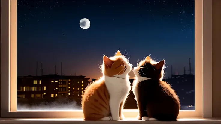 Two cute cats munchkins kissing by the window。Background is Moon。High resolution。