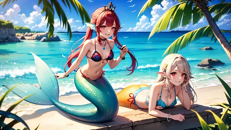 (best quality,4k,8k,highres,masterpiece:1.2),ultra-detailed, Pretty 15 years old princess magically transformed into a beautiful mermaid, race swap, fantastic transformation, steampunk, long and detailed mermaid tail below waistline, fins ears, shimmering ...