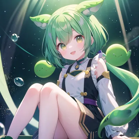 dark green hair, eyes are yellow,wavy hair, floating hair, smile, sitting, open your mouth, particles of light, aqua eye, lookin...