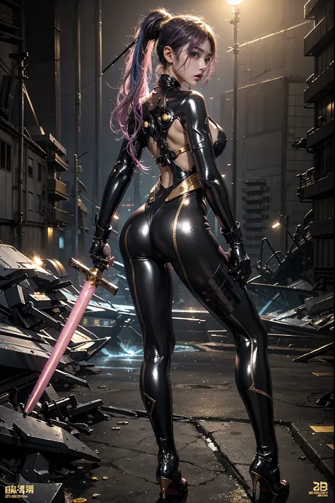 highest quality、surreal、perfect anatomy、Wet and shiny white skin、model body shape、Sweat dripping all over the body、Super small face、Ahegao、Cyberpunk City、Black urban techwear、Pink, silver and gold hair、Black micro bikini、Neon lights、tattoo、Japanese sword、R...