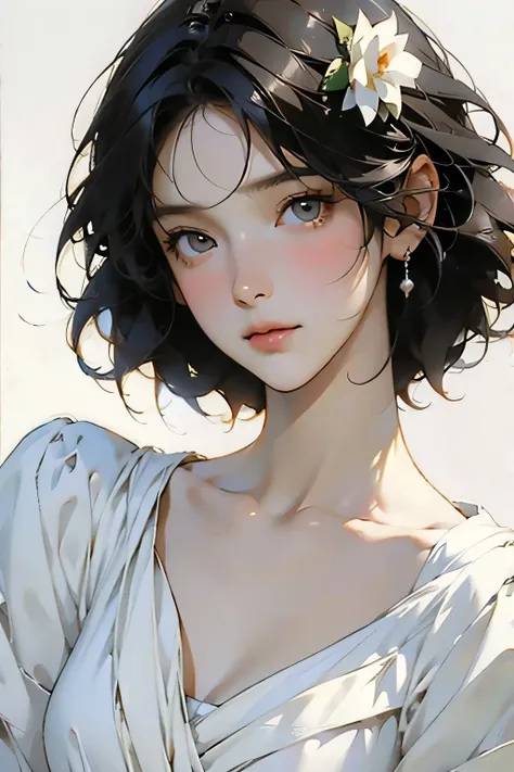 (masterpiece, best quality:1.2), 1 female, Solitary、Pretty Face、Vivid faces、Dark-haired、short hair、beautiful hairstyle、Beautiful skin、Natural standing posture、whole body、 A simple white dress、Lohas、Soft Light、Soft Focus、((White background))、((Blank Backgro...