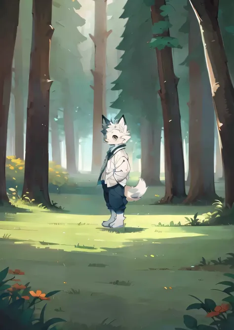 There is a cat in the woods，wearing a white coat, AnimeLush John 8K Woods, fursona wearing fashionable clothes, Human Art, human wolf, Enjoy a forest walk, very very beautiful Furry art, animal art, Standing in the forest, Furry art, Short full-body portra...