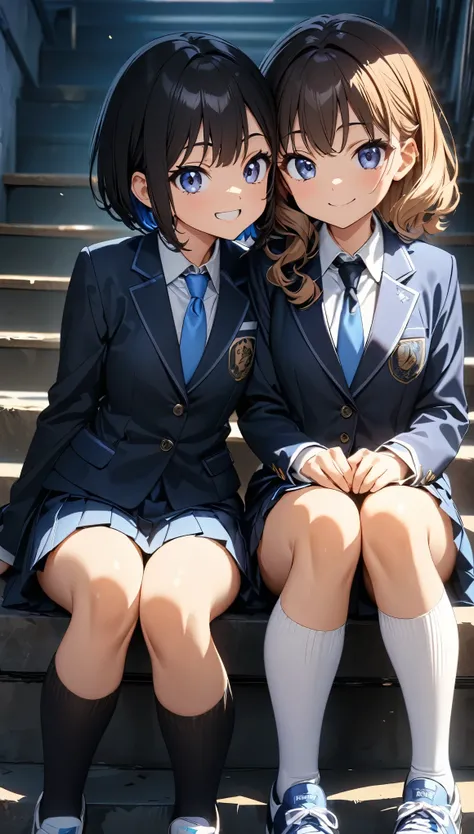 (highest quality:1.2, 4k, 8k, Studio Anime, Very detailed, Latest, Vibrant, High Detail, High Contrast, masterpiece:1.2, highest quality, Best aesthetics), (((2 girls))), Sitting side by side, , blazer, Blue tie, Pleated skirt, Sitting on the stairs, smile...