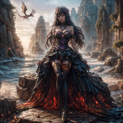 An asian woman with loose hair, standing on the stairs in the middle of a magical atmosphere, with a predominantly black and purple costume, a strapless corset-style dress decorated with bright purple jewels, a short tutu skirt, black thigh-high stockings ...