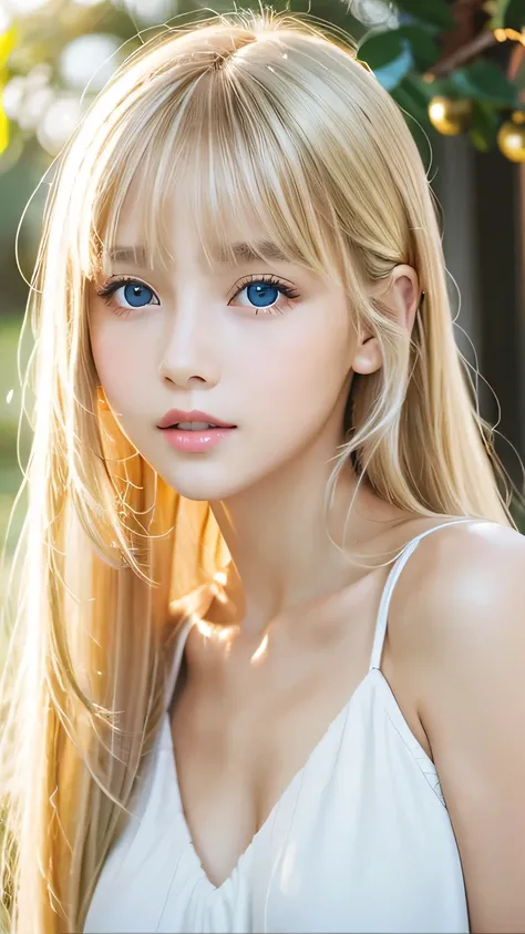 portrait、、bright expression、ponytail、young shiny glossy white glossy skin、great looks、blonde reflection、bangs between the eyes、b...