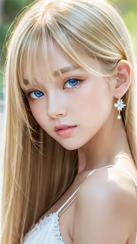 portrait、、bright expression、ponytail、young shiny glossy white glossy skin、great looks、blonde reflection、bangs between the eyes、b...