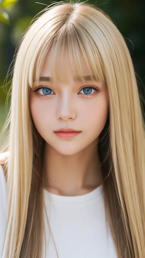 portrait、、bright expression、ponytail、young shiny glossy white glossy skin、great looks、blonde reflection、bangs between the eyes、b...