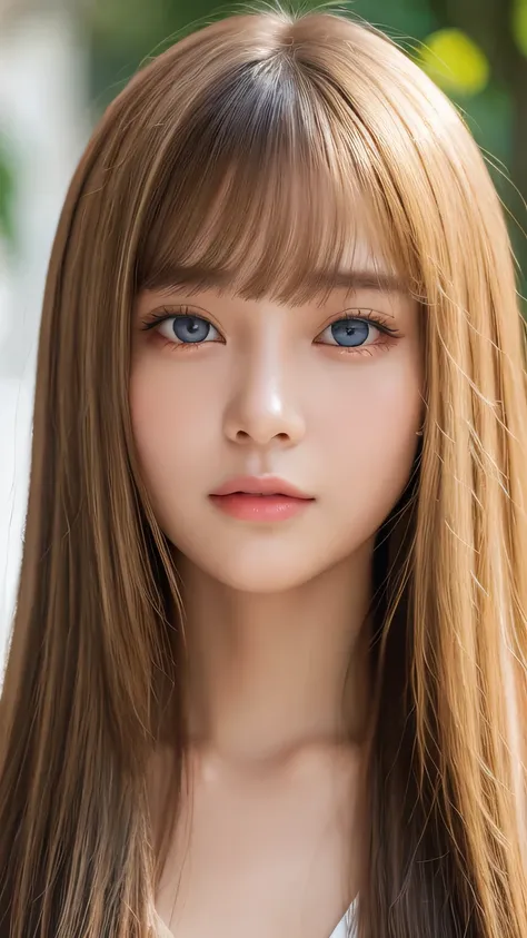 portrait、、bright expression、ponytail、young shiny glossy white glossy skin、great looks、blonde reflection、bangs between the eyes、b...