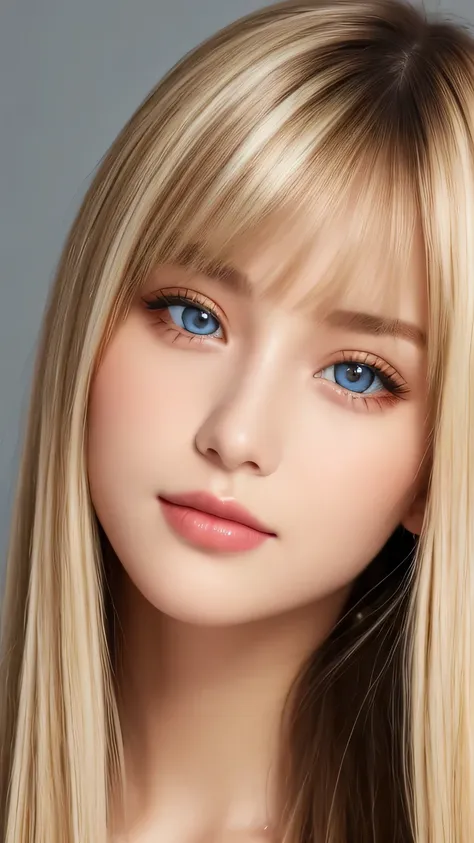 portrait、、bright expression、ponytail、young shiny glossy white glossy skin、great looks、blonde reflection、bangs between the eyes、b...