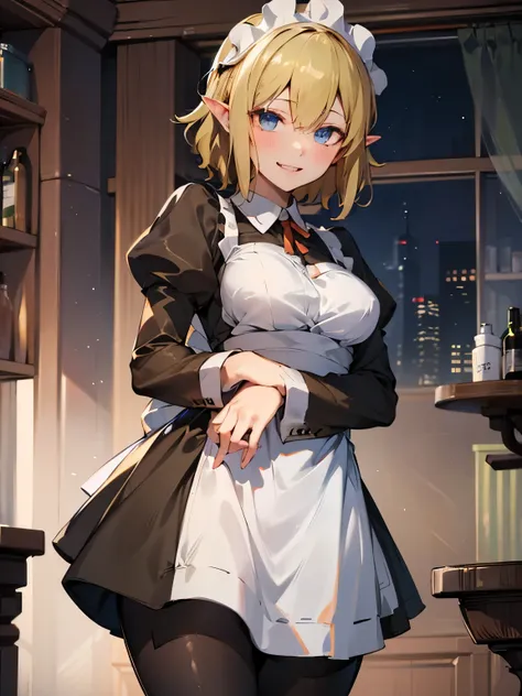 ryu lion、blonde、blue eyes、elf、eye hair、pointy ears、short hair、(small breasts:1.2),apron、黒pantyhose、dress、緑のdress、long sleeve、mai...