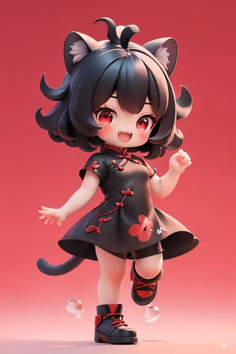 matte blind box，((red cheongsam))，simple background，best quality,cat ears,clear fingers,(red eyes),black short hair,aho,(cute),l...