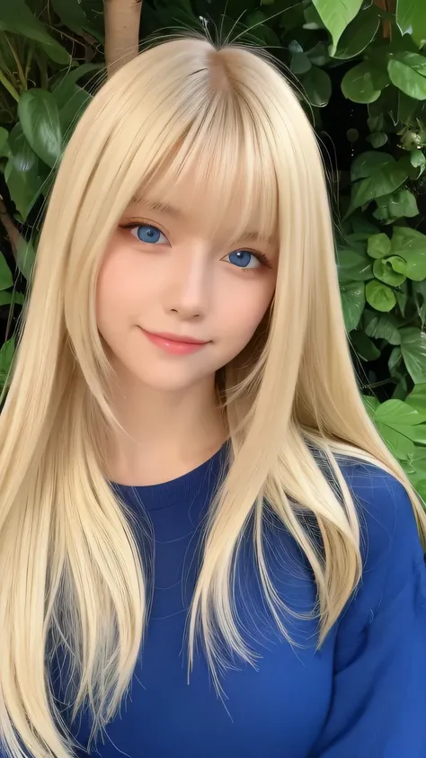 Portrait、、Bright expression、ponytail、Young shiny glossy white glossy skin、Great looks、Blonde reflection、Bangs between the eyes、bangs on the face、Platinum blonde hair with dazzling highlights、Shiny bright hair,、Smooth, super long, straight hair、Shiny beauti...