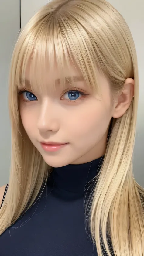 Portrait、、Bright expression、ponytail、Young shiny glossy white glossy skin、Great looks、Blonde reflection、Bangs between the eyes、bangs on the face、Platinum blonde hair with dazzling highlights、Shiny bright hair,、Smooth, super long, straight hair、Shiny beauti...