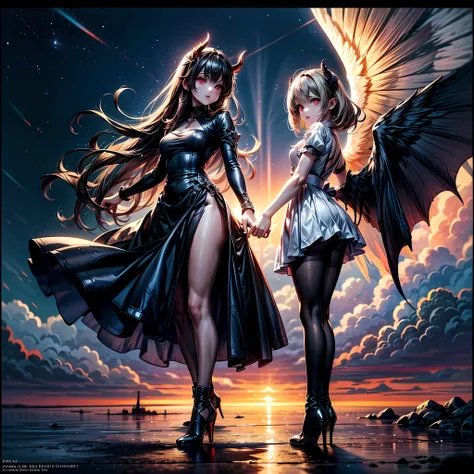 (highest quality, masterpiece, High resolution), 16K, fantasy art, RPG art a picture of (((2 women))), BREAK a (1female angel: 1.3) , wearing dress, pale skin, best details beautiful face , (blond: 1.2) hair, long hair wavy hair (blue: 1.1) eyes, high he...