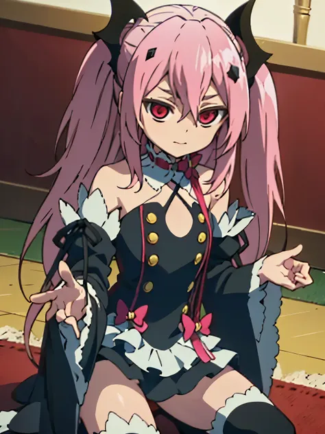 krul tepes、red eyes、flat chest、long hair、pink hair、two side up、hair ornaments、boots、black dress、bare shoulders、wide sleeves、ribb...