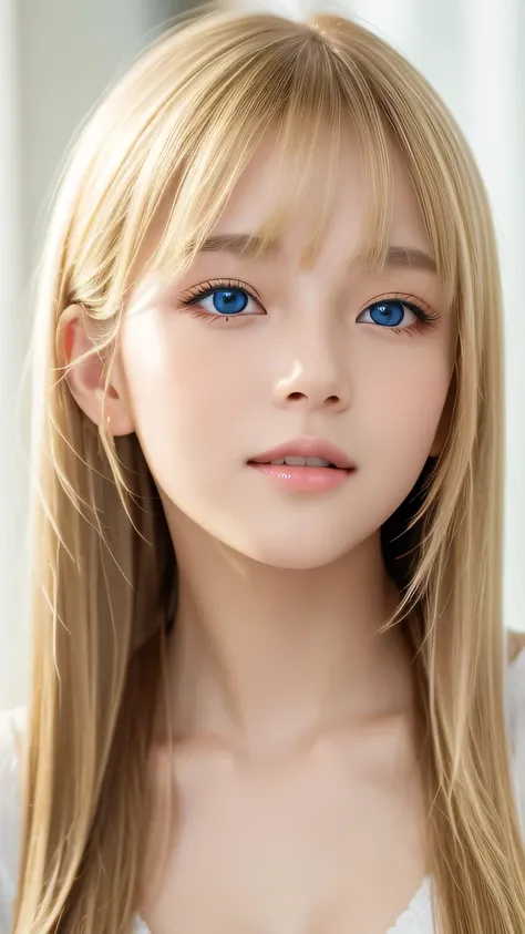 portrait、、bright expression、ponytail、young shiny glossy white glossy skin、great looks、blonde reflection、bangs between the eyes、b...