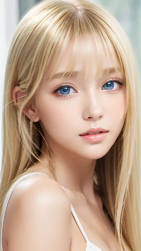 portrait、、bright expression、ponytail、young shiny glossy white glossy skin、great looks、blonde reflection、bangs between the eyes、b...