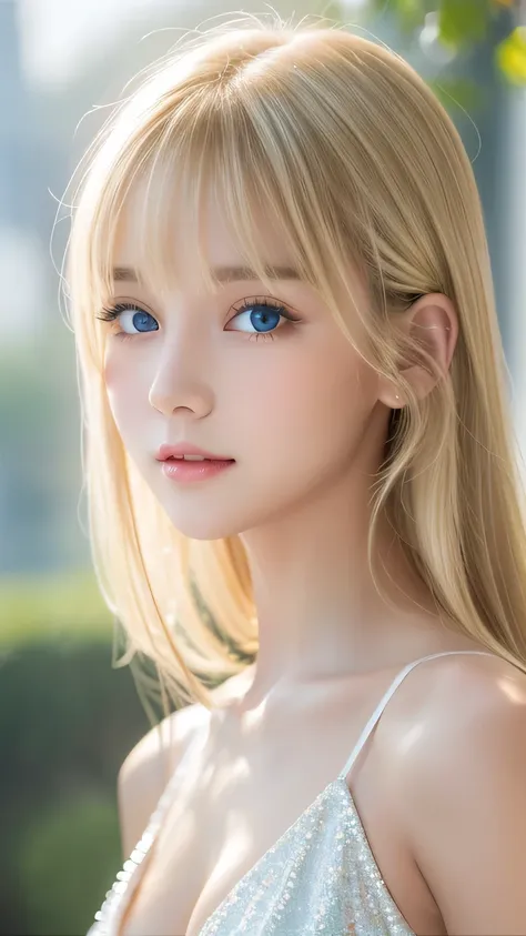 portrait、、bright expression、ponytail、young shiny glossy white glossy skin、great looks、blonde reflection、bangs between the eyes、b...