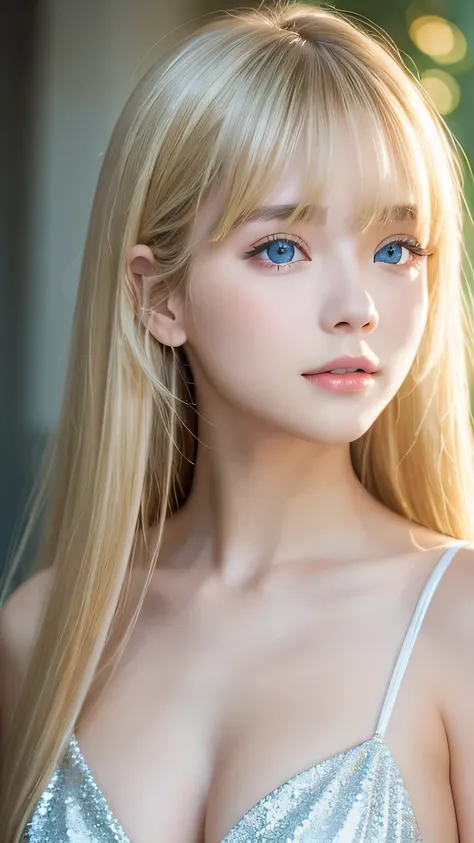 portrait、、bright expression、ponytail、young shiny glossy white glossy skin、great looks、blonde reflection、bangs between the eyes、b...