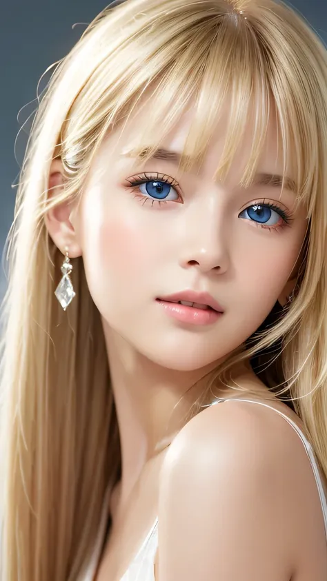 portrait、、bright expression、ponytail、young shiny glossy white glossy skin、great looks、blonde reflection、bangs between the eyes、b...