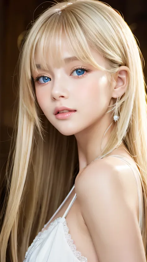 portrait、、bright expression、ponytail、young shiny glossy white glossy skin、great looks、blonde reflection、bangs between the eyes、b...